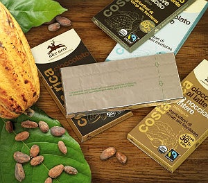 Alce Nero chocolate bars are wrapped in compostable metallised NatureFlex, from Innovia Films Alce Nero chocolate bars